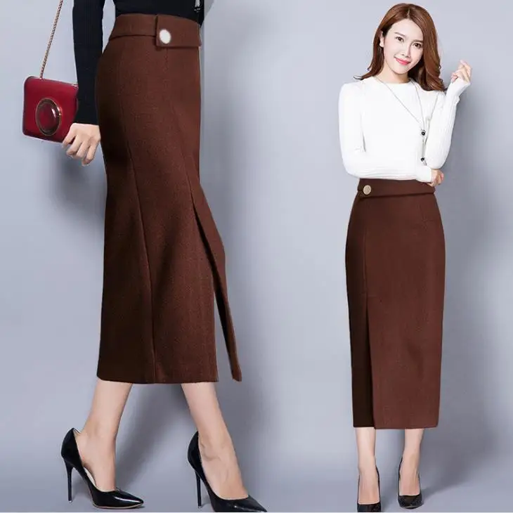 Осенне-зимняя шерстяная юбка высокого качества в стиле ретро, модная теплая Женская шерстяная юбка-карандаш с высокой талией