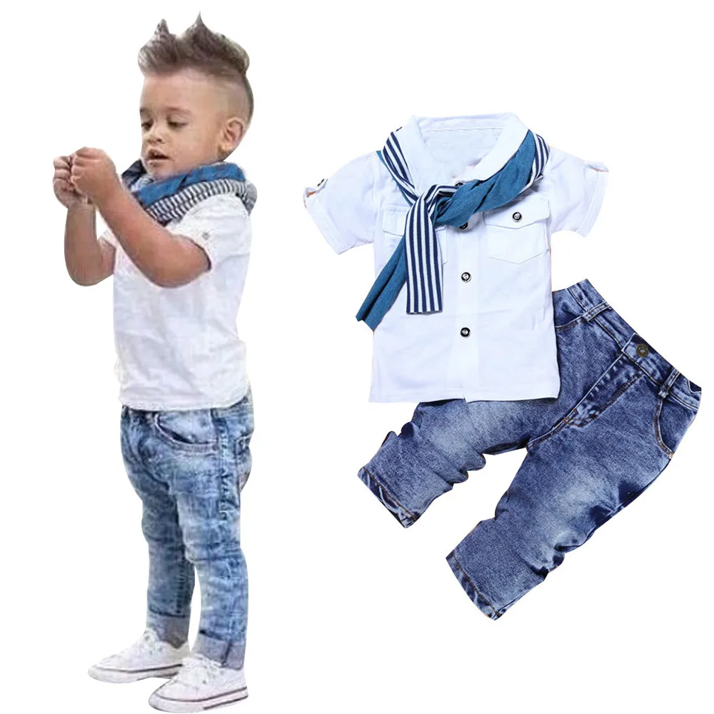 Модные топы, шарф, джинсы, комплект из 3 предметов, 1 комплект, Детская футболка с короткими рукавами для маленьких мальчиков, топы+ шарф+ брюки, одежда, F4