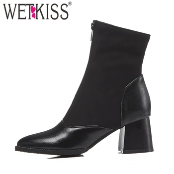 

WETKISS Plus Size 32-48 Winter High Heels Women Boot Pointed Toe Plush Footwear Pu Ankle Female Boots Shoes Women 2018 New Black