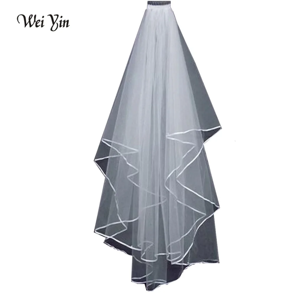 

WeiYin Whole sale Simple White Tulle Wedding Veils Two Layer Ribbon Edge Custom Made Bridal Accessories Hot Sale