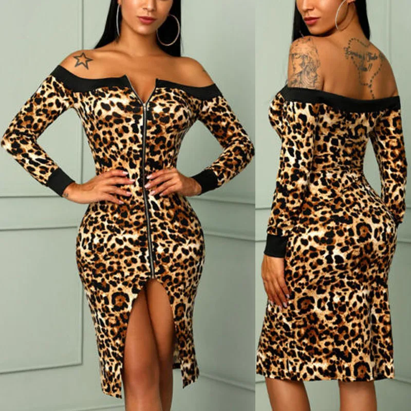 Новые женские сексуальные леопардовые с открытыми плечами, вечернее вечерние Клубные закрытый купальник бодикон платье