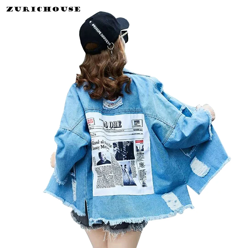 

Fashion Brand Patch Printing Denim Jacket For Women 2019 Spring Long Sleeve Frayed Hole Jean Jacket Womens Denim Coats 6 Color