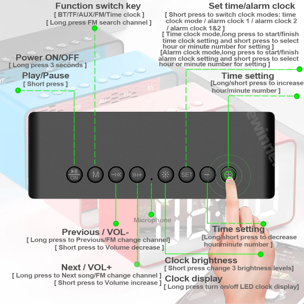 Lewinner портативный Bluetooth динамик супер бас беспроводной стерео динамик s поддержка TF AUX зеркало будильник для телефона компьютера