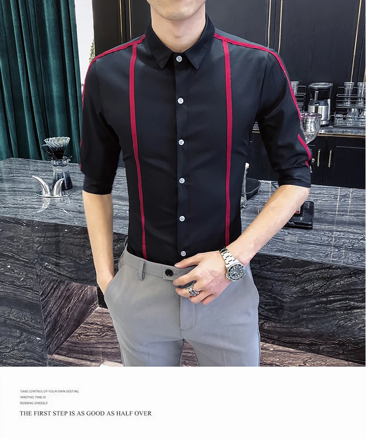 Черный, красный рубашка в полоску для мужчин лето 2019 г. Slim Fit дизайнер Camicia Uomo вечерние рубашки для мальчиков Chemise Homme 5xl