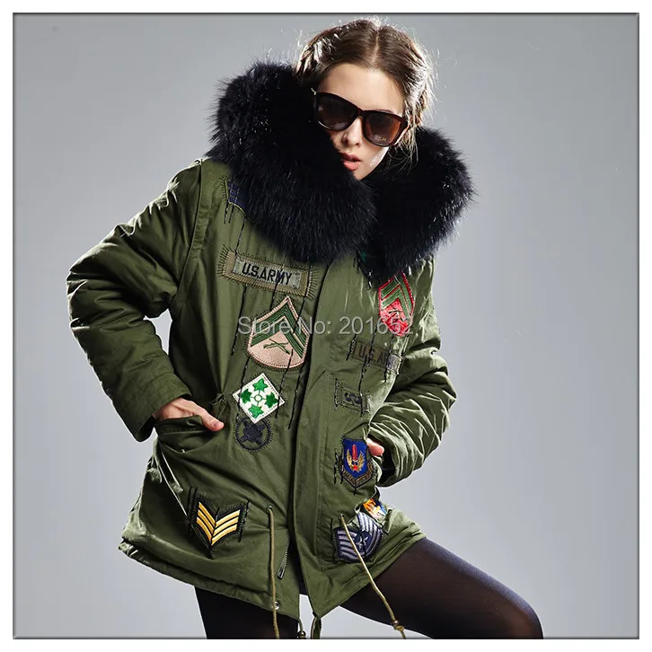 Special Price women's real raccoon large fur coat Full lining of black faux fur coat Army Green mr mrs fur Jackets Army Green Unisex coat