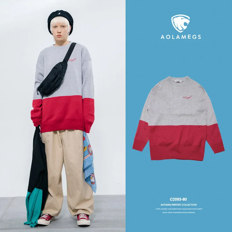 

Aolamegs Sweater Men Patchwork Color Male Pullover College Style Casual Simple Clothing Outwear Knitting Retro Sweater Autumn