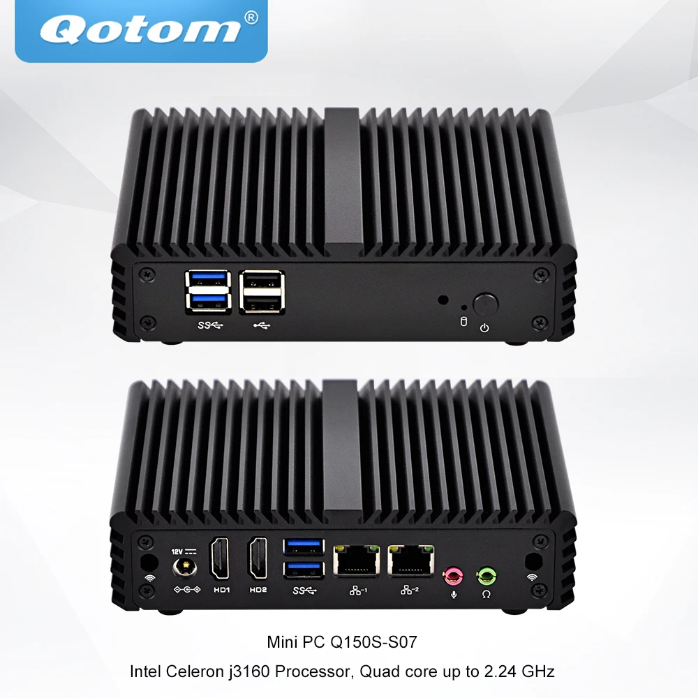 QOTOM Fanless Mini Industrial PC with 2 LAN and 2 display ports