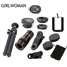 Girlwoman 9 в 1 Набор 12x зум телеобъектив рыбий глаз широкоугольный макрообъектив сотовый телефон Мобильный штатив для xiaomi redmi