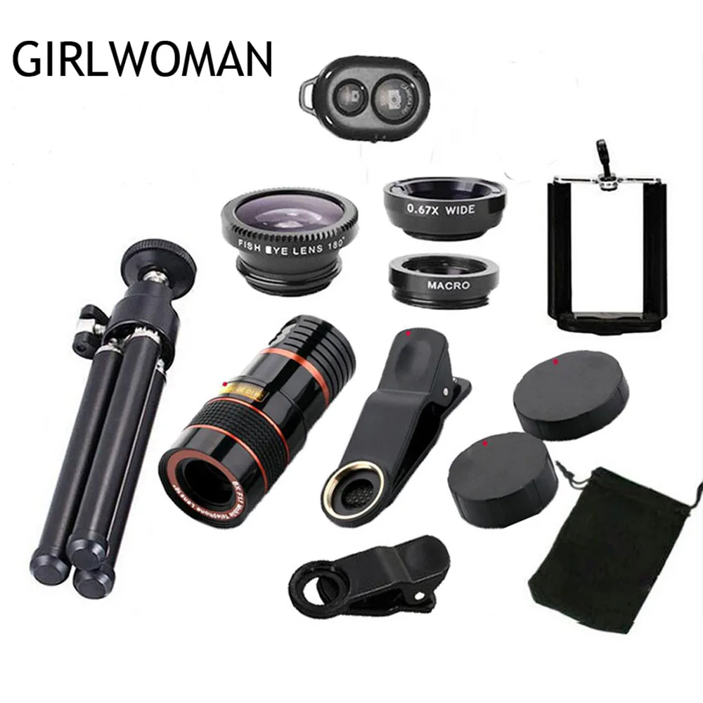 Girlwoman 9 في 1 أطقم 12x التكبير تليفوتوغرافي عدسة عين السمكة عدسة زاوية واسعة ماكرو العدسات هاتف محمول المحمول ترايبود ل xiaomi redmi