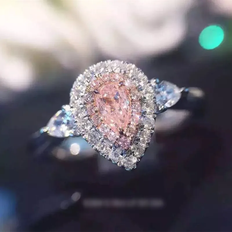 

925 Sterling Silver Rings Water Drop Pink Color 6mm Cubic Zircon Wedding Rings for Women Bague Femme Fashion Jewelry Anillos