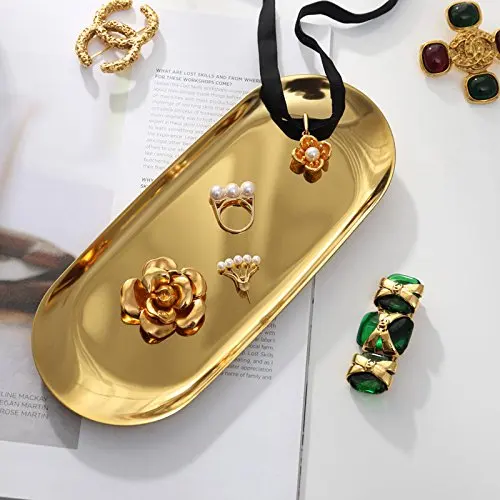 

Stainless Steel Towel Tray Storage Tray Dish Plate Tea Tray Fruit Trays Cosmetics Jewelry Organizer, Gold, Oval