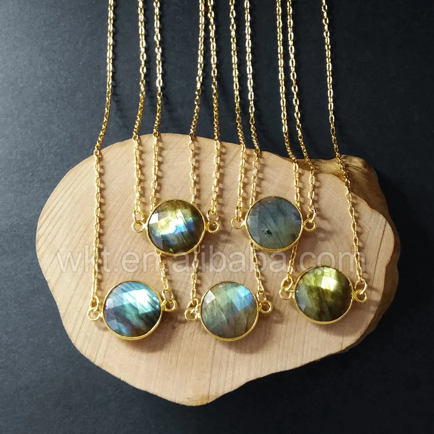 

WT-N754 Gold trim chain necklace wholesale 10pcs labradorite stone necklace round shape faceted labradorite necklace jewelry