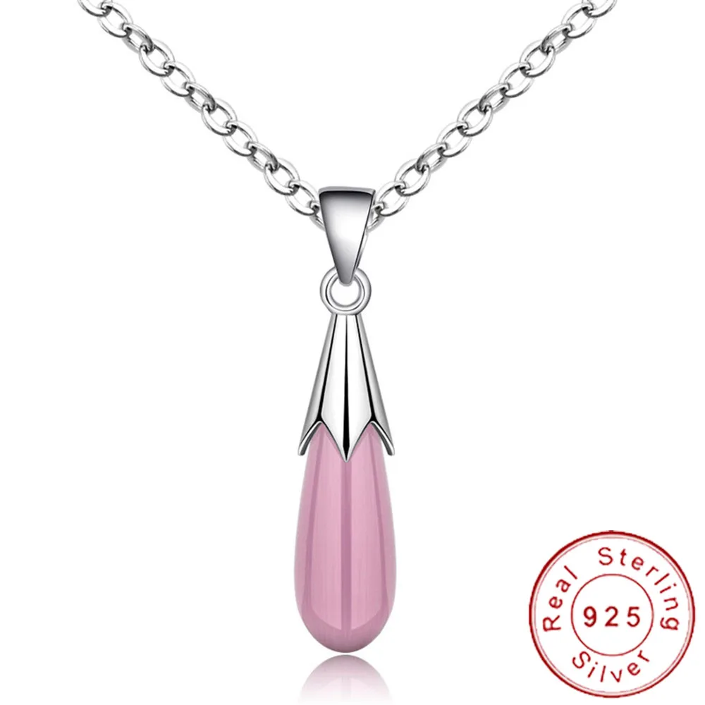 Solid 925 Sterling Silver Tone Teardrop Necklace Natural Pink Crystal Moonstone Neclaces for Women Colar Feminino Cruz SN005 | Украшения и