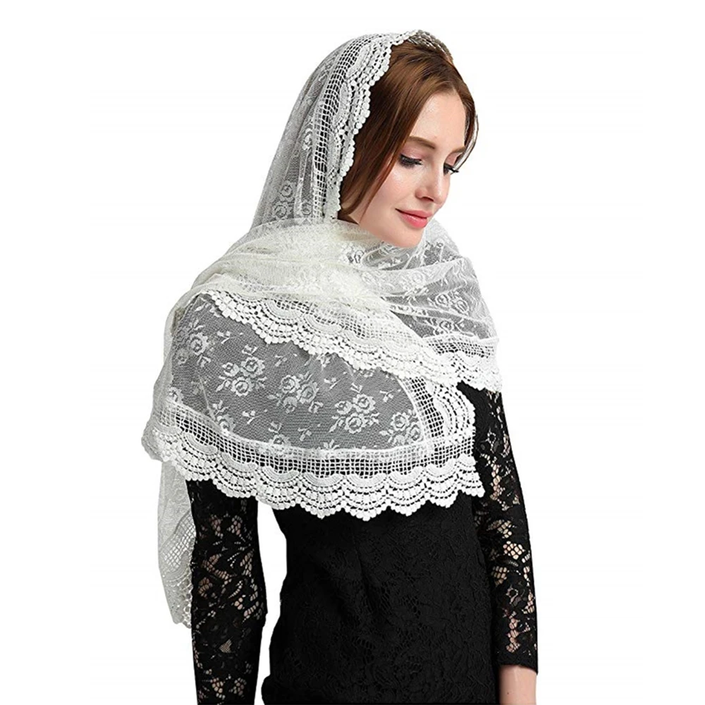 ISHSY Ivory Lace Women Catholic Mantilla Veil for Church HeadCover