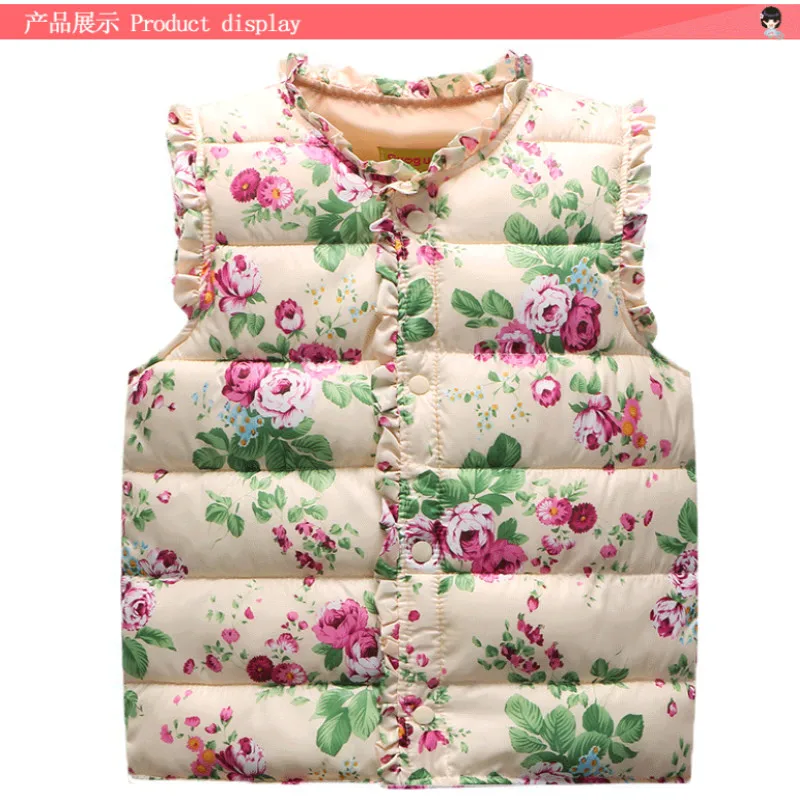 

2016 New Children Winter Outerwear Coats Flowers Printed Vest Kids Windbreaker Jacket Cotton Coats Children Warm Vest 110-140CM