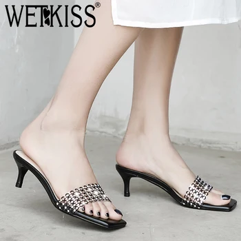 

WETKISS Colorful Studded Slippers Women Summer 2019 New Slides Shoes Transparent Pvc Rivet Mules Shoes Ladies High Heels Shoes