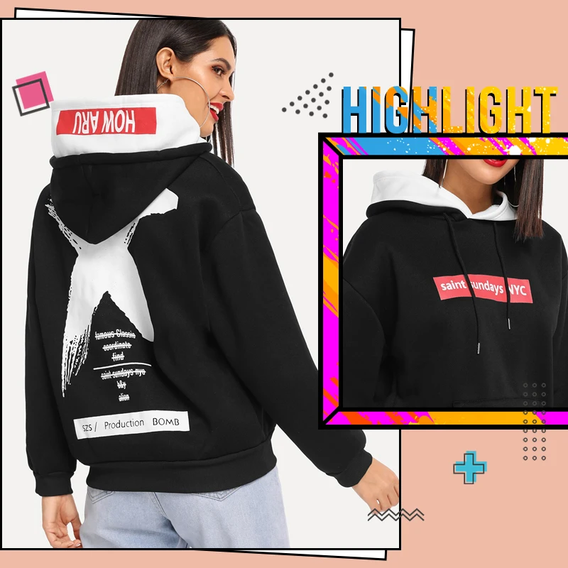  ROMWE Letter Print Kangaroo Pocket Drawstring Hoodie Black Women Sweatshirts 2019 Spring Autumn Lon