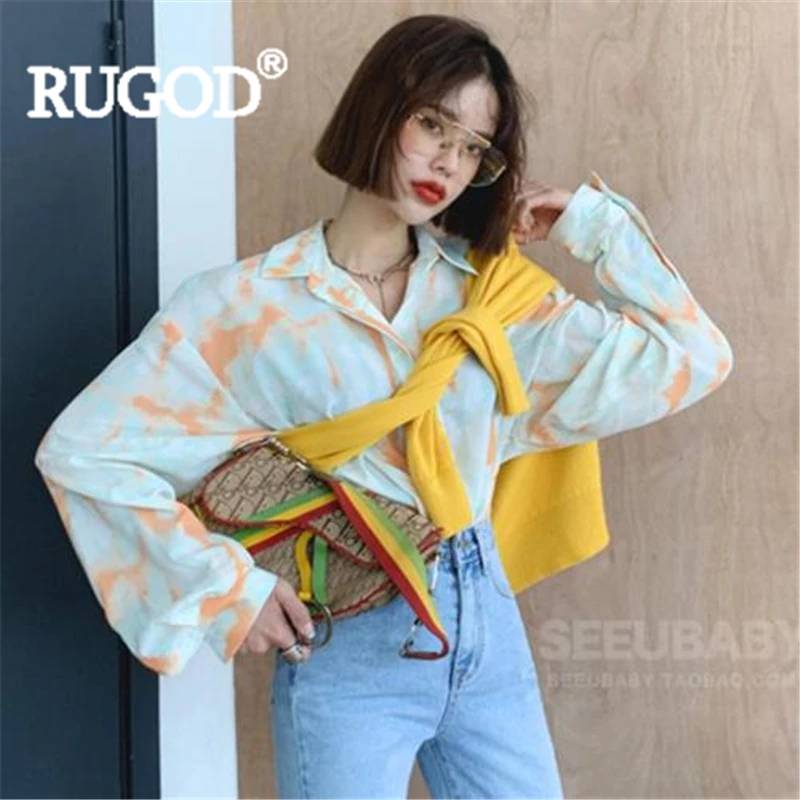 

RUGOD Women printing and dyeing print blouse turn down collar loose vinatge shirt 2019 new fashionable feminine elegant top