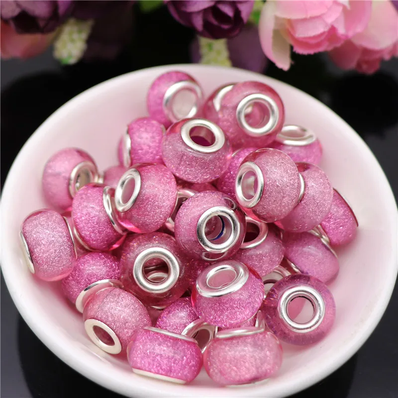 

20pcs Glossy Surface Big Hole Spacer Silver Core Glitter Powder Resin Stone Beads Fit Pandora Bracelet Beads for Jewelry Making