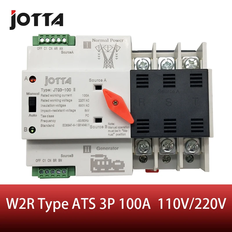 

Jotta W2R-3P 110V/220V Mini ATS Automatic Transfer Switch 100A 3P Electrical Selector Switches Dual Power Switch Din Rail Type