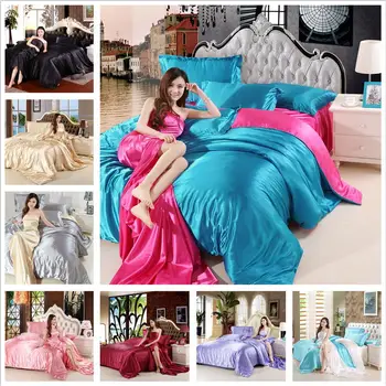 

Bed Silk Flat Sheets Set Satin Silk Solid Color bedsheet 4pcs sets of bed sheet full with duvet cover and pillowcase drap housse