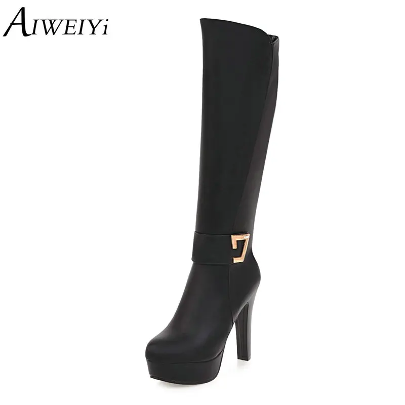 

AIWEIYi Women Boots PU Leather Knee High Boots Zip Round toe High Heels Motorcycle Boots Winter Shoes Metal Decoration Boots