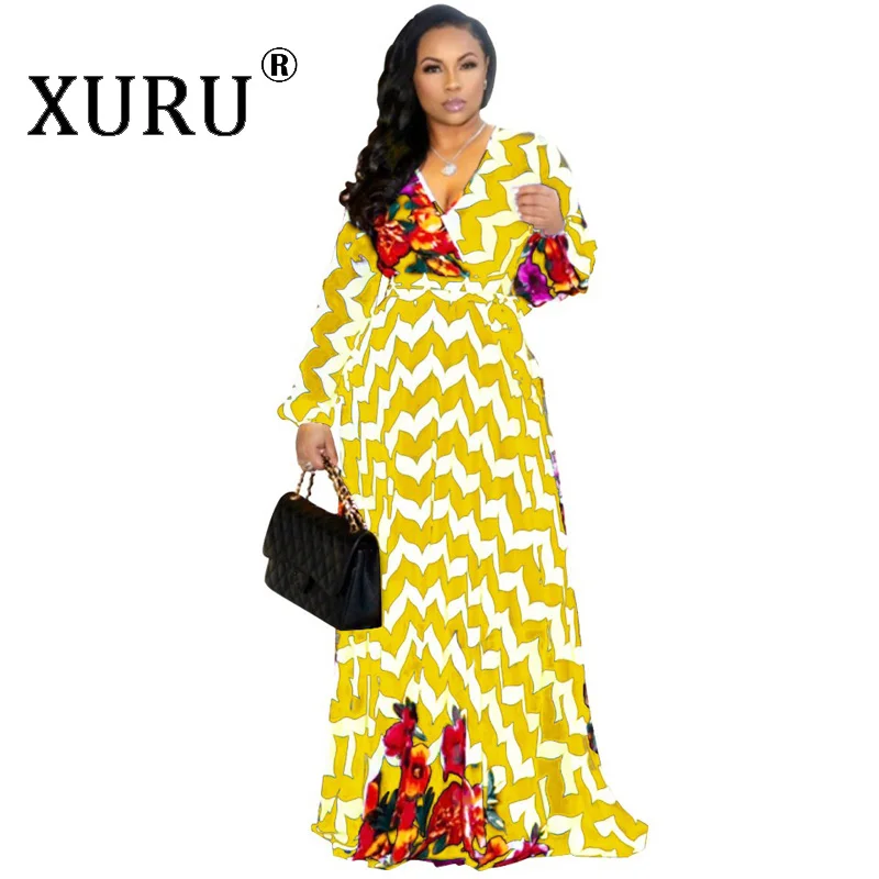 XURU шифоновое платье с принтом пляжное платье большого размера women женское платье с длинным рукавом с v-образным вырезом повседневное свободное платье