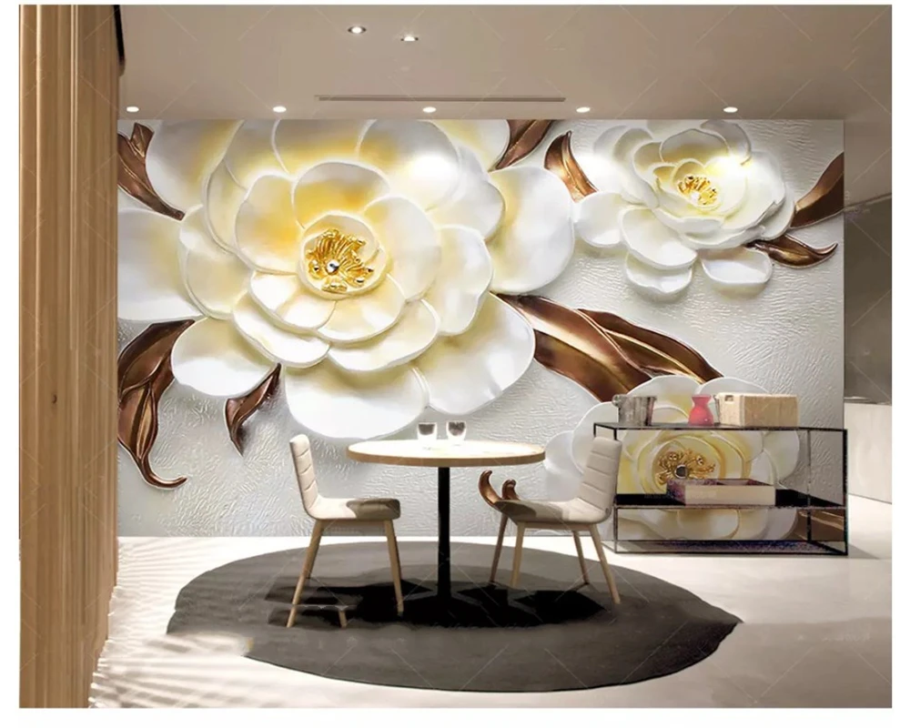 beibehang Beautiful fashion wallpaper oil painting three - dimensional color carving camellia relief TV background 3d wallpaper