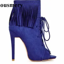 Новые модные женские ботинки-гладиаторы с открытым носком, на шнуровке, из замши, с кисточками ботильоны на высоком тонком каблуке с вырезами и бахромой