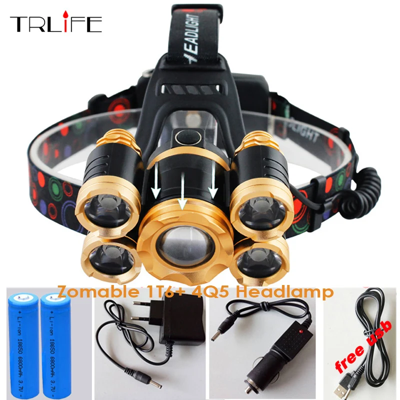 

LED Headlight Fishing Headlamp Lantern 5x T6 Headlights Rechargeable 18650 Camping Night Light Flashlight Head Torch