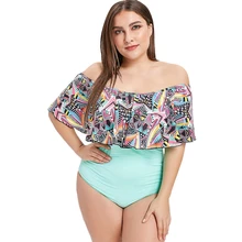 Размера плюс этнический принт с открытыми плечами боди Женский Большой Цельный купальник монокини купальник купальный костюм