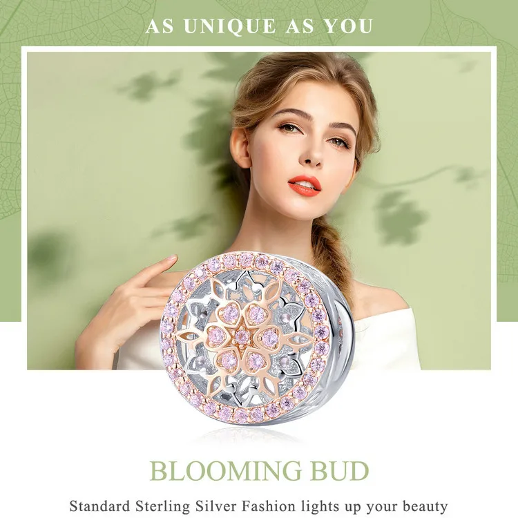 Blooming Flower Charm 5 Blooming Flower Charm - Show your style with the Blooming Flower Charm. Hand-finished in sterling silver, this design includes a pink and rose gold flower surrounded by cubic zirconia stones. The sides of the charm are decorated with small hearts. This exquisite and unique charm will bring mood and beauty to your day. Perfect gift for mom, sister, grandmother, friend or yourself. | 🚚 Free Standard Shipping 7-30 days | 🥇 Top Quality Product | 💎 100% S925 Sterling Silver | 🛡️ 100% Safe & Secure checkout