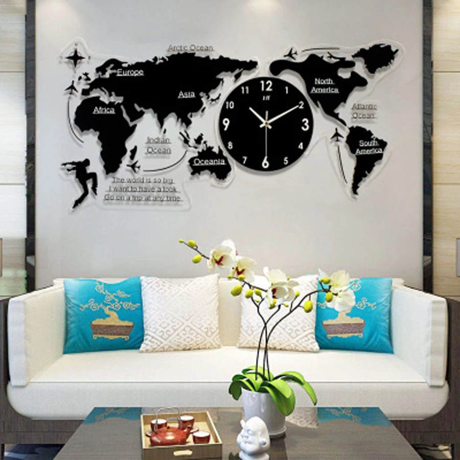 

Large World Map Wall Clock Modern Design Background Decoration Acrylic 3D Stickers Hanging Clocks Wall Watch Home Decor 120x55cm