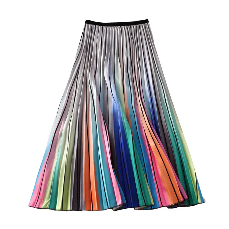 

Women's Rainbow Skirts Striped Laser Print European Summer Printing High Waist A-line Big Swing Pleated Midi Skirts Female SP528