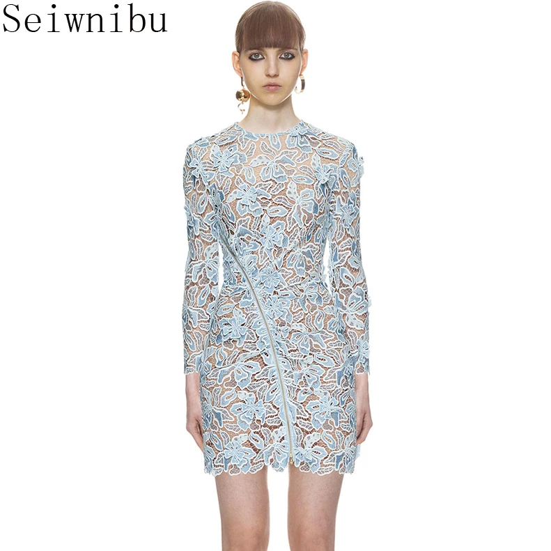 

Seiwnibu Runway Autumn Women Mini Dress Self Portrait Blue Lace Patchwork Floral Hollow Out Bodycon Long Sleeve Zippers Dress