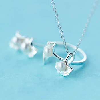 

High quality 925 sterling silver Ginkgo leaf shape earrings rings necklace simple fashion natural freshwater pearl women jewelry