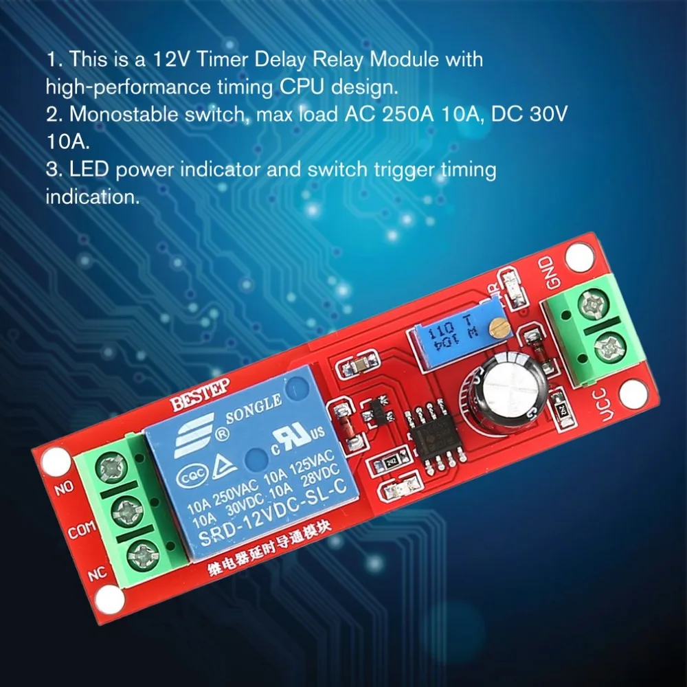 

DC 12V NE555 Monostable Delay Relay Circuit Conduction Module Trigger Switch Timer Adjustable Time Shield Electronics Arduino