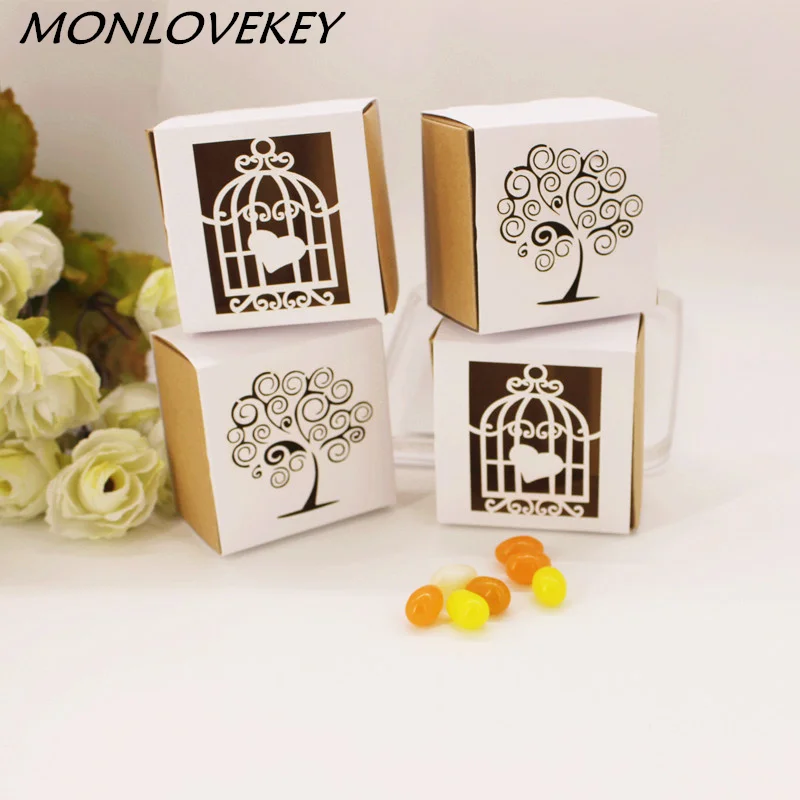 

Rustic Wedding Favor Boxes 20pcs Laser Engraving Paper Gift Box Romantic Laser Cut Bird Cage Love Tree Kraft Paper Candy Box