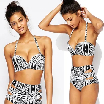 

Free Shipping High waist Halter Bikini Vintage Ethnic Push up Geometry Padded Swimsuit 4F4549