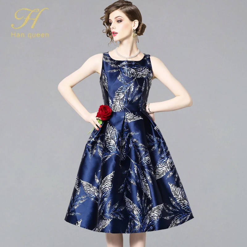 

H Han Queen New Spring Summer Vintage Sleeveless Jacquard Dress Slim Elegant A-line Big Swing Party O-neck Knee-length Vestidos