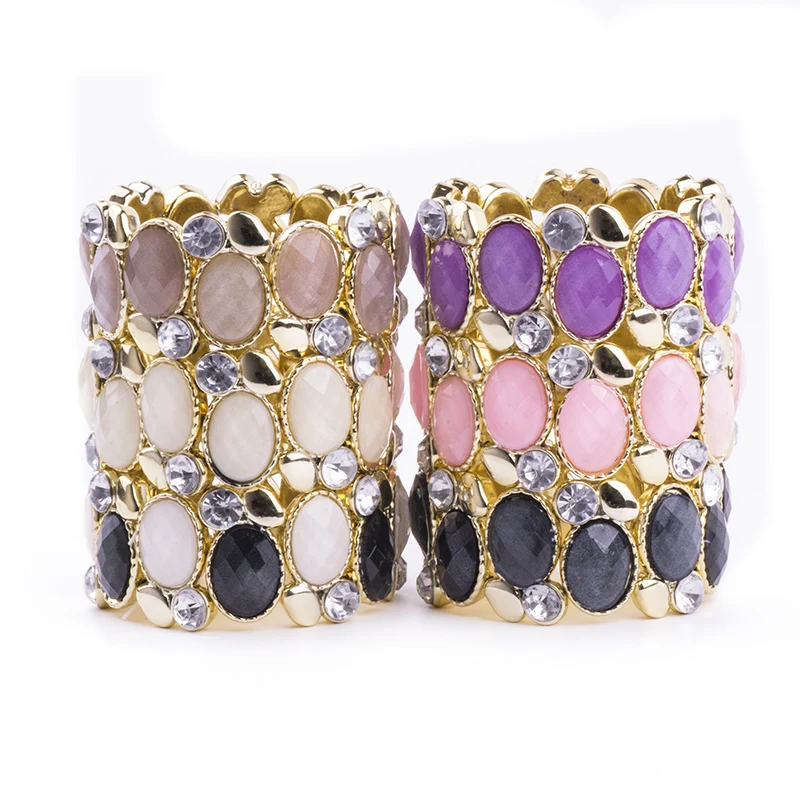 Classic Resin Cuff Wide Bracelets Bangles for Women New Fashion Stretch Round Crystal Gold Metal Bracelet Simple Charm Jewelry (3)
