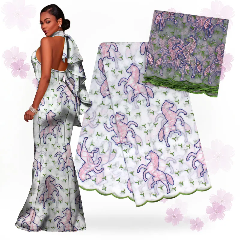 

BEAUTIFICAL lace fabric 2018 african style voile lace horse design swiss cotton fabric for women dress 5+2yards per set AR92