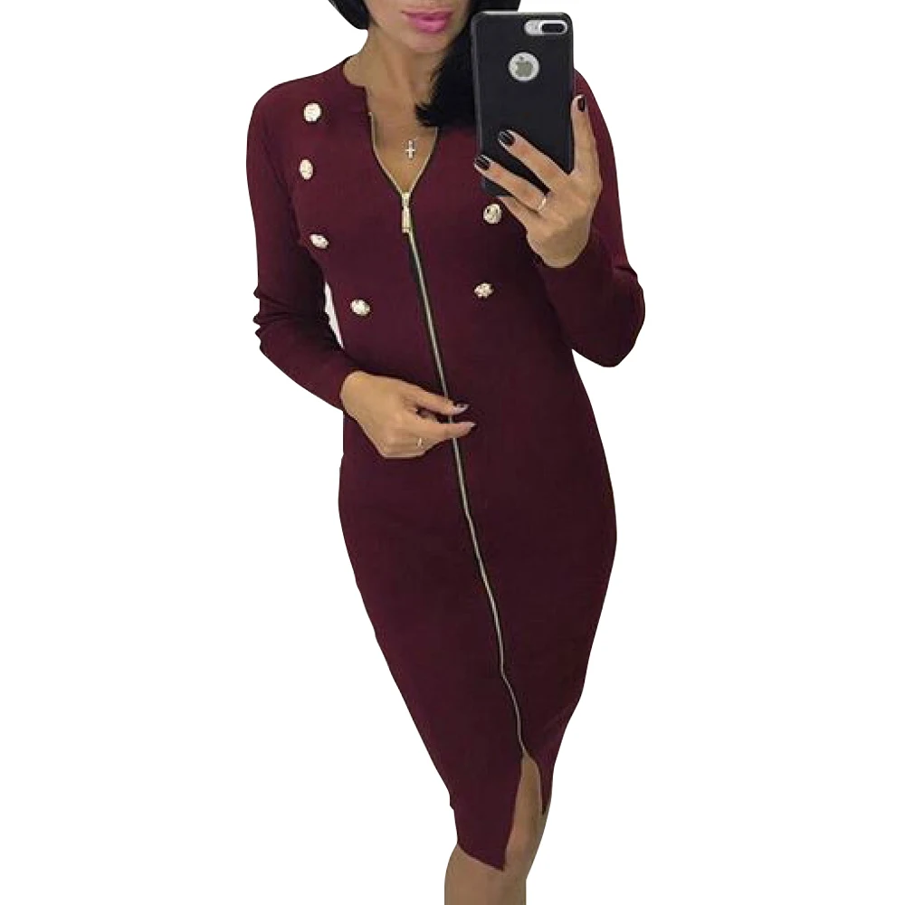 

2019 New Bodycon Winter Dress Womens Fashion Dress Long Sleeve Buttons Zipper Autumn Warm Dresses Zip Up GV1040