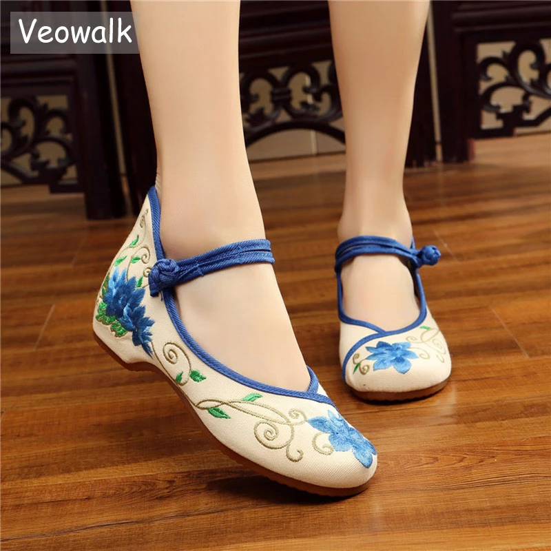 Veowalk New Woemen's Canvas Embroidered Ballet Flats Mid Top Chinese Style Ladies Old Beijing Cloth Shoes ballerines femme women's flat boots