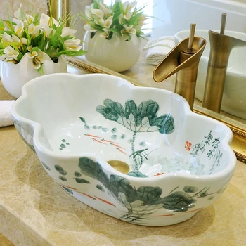 

Hand-painted Lotus Flower Counter Top Wash Basin Bathroom Vessel Sinks vanities chinese ceramic sink bathroom sinks wash basin