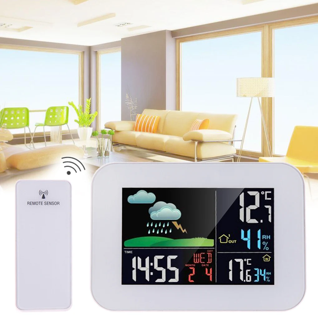 

Wireless Color Weather Station In/Outdoor Forecast Temperature Humidity Meter Alarm And Snooze Thermometer Hygrometer