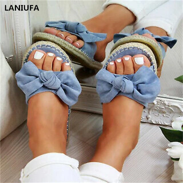 

Slippers Women Terlik Woman Slip On Sandals Bow Flats Hemp Linen Summer Sliders Espadrille Shoes Chanclas Mujer plus size 35-43