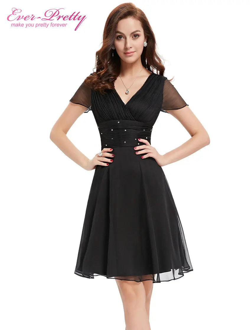 Cocktail Dresses EP03882BK Short Sleeve V Neck Lace Ruched Bust Chiffon
