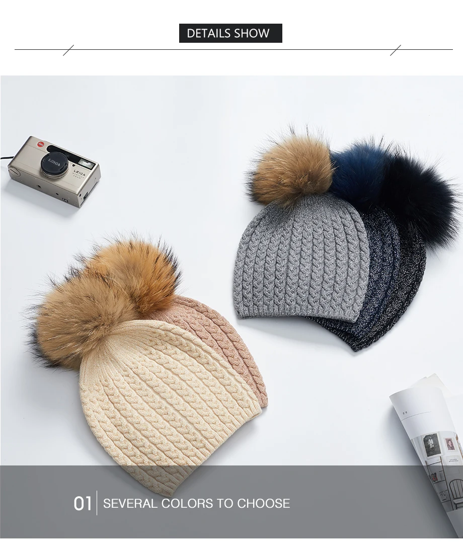 Winter Hats For Women Warm Beanie Real Fur Pompom Wool Hat Female Twist-Type Cap Bright Silk Beanies Women's Hat 5 Colors (17)