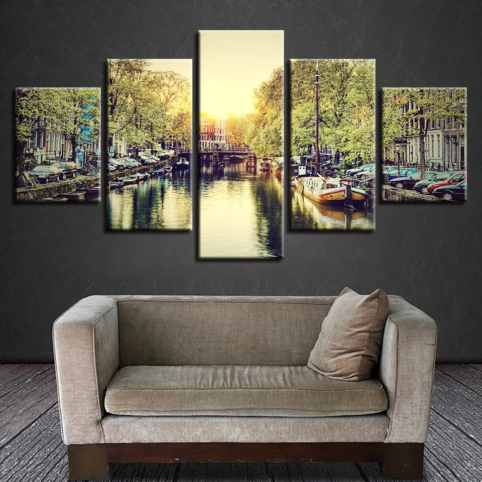 

Painting Wall Art Modular Poster Modern HD Printed Canvas 5 Panel Building Landscape Living Room Pictures Home Decor Frame